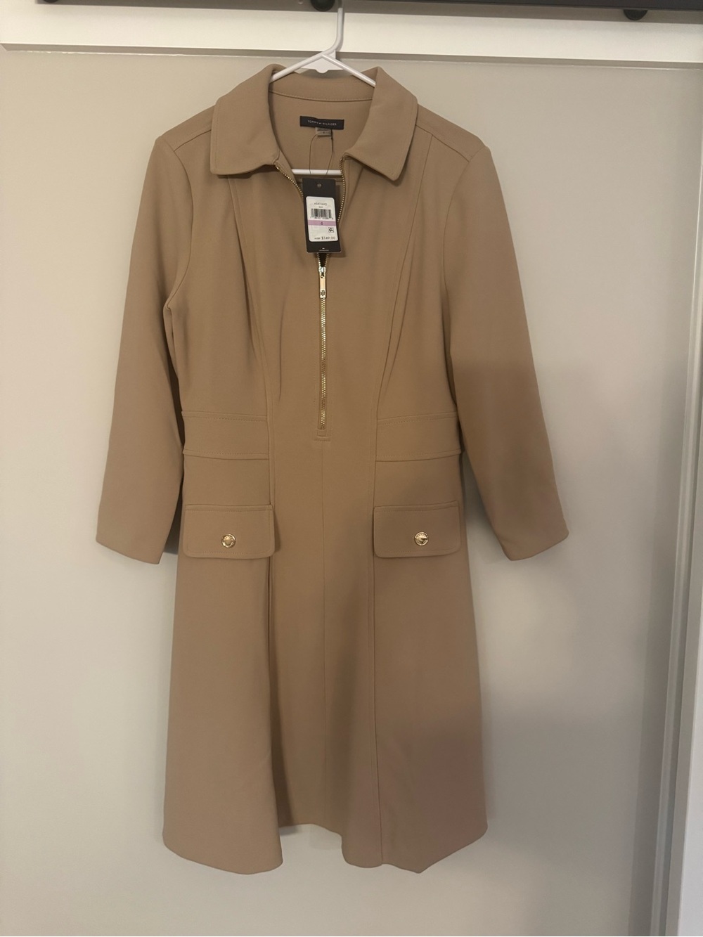 NWT Tommy Hilfiger Zip Front Fit and Flare Dress Women 6 Sand Beige Flap Pocket